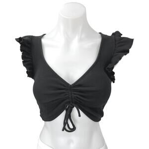 Zara Black Rib Knit Ruffle Flutter Sleeve V-Neck Drawstring Cropped Top Size M